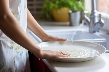 Young woman washing dish plate at the kitchen, woman washing dish, dish washing closeup, dish...
