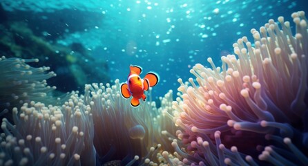  an underwater scene with an orange clownfish and anemone anemone anemone anemone anemone anemone anemone anemone. - obrazy, fototapety, plakaty