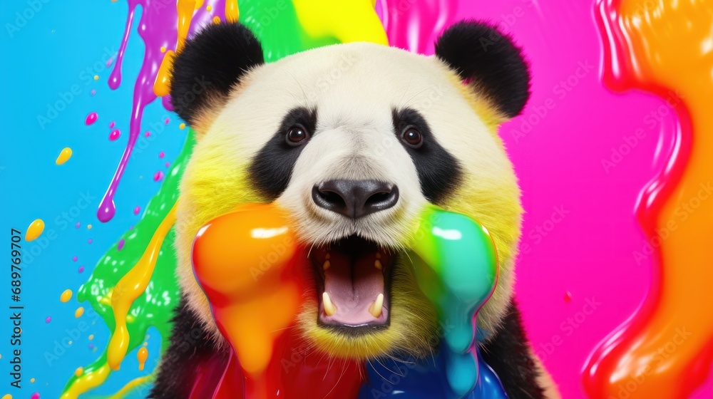 Canvas Prints  a panda bear with its mouth open and dripping paint on it's face in front of a multicolored background.