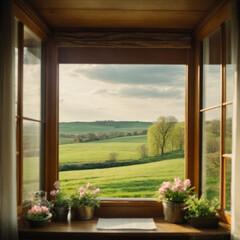 Window in the garden, a glass pane within the garden setting, a framed window amidst the greenery, a garden-side window framing the outdoors