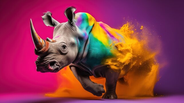  a rhinoceros standing in front of a multicolored explosion of paint on a purple and pink background.