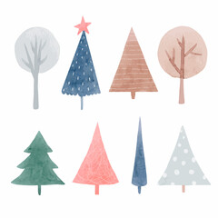 Modern abstract Christmas vector fir trees. Collage contemporary spruce trees. Hand drawn cartoon style trees. Minimalism