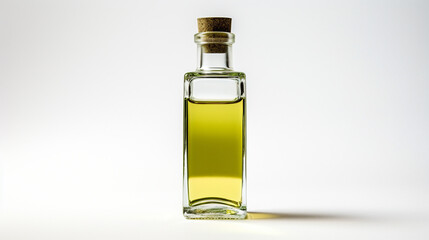 Petite bouteille d'huile d'olive, de colza sur fond blanc. Petit flacon en verre et bouchon en liège. Nourriture, oméga, sain. Pour conception et création graphique.