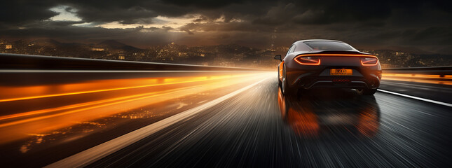 Sport car with motion blur on the road, Cyberpunk Fire Racing Car At High Speed On Street, car on...
