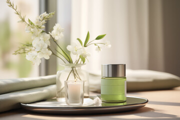 Spa set with massage and spa salon background. Beauty and fashion concept. Copy space.