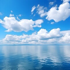 cloudscape. clouds in blue sky and reflection in a large lake. White cumulus clouds in sky over blue sea water landscape, big cloud above ocean panorama, horizon, sunny summer day seascape panoramic