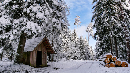 Schutzhütte im tief verschneiten Schwarzwald
