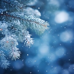 Snow on branches of Christmas tree in sunny winter forest. Art Nature Winter Christmas Background with snowy pine tree. Border of Pine tree branches in hoarfrost on dark blue Background.
