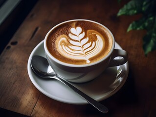 High angle view of a cup of hot cappuccino coffee on the wooden table. Cup of coffee with beautiful Latte art.