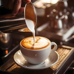 Barista Is Pouring Latte Art. milk to making latte art coffee at cafe or coffee shop, barista making latte art, shot focus in cup of milk and coffee. - obrazy, fototapety, plakaty