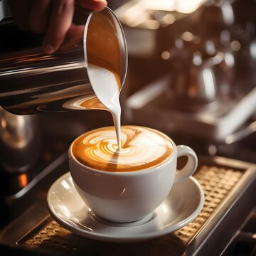 Barista Is Pouring Latte Art. milk to making latte art coffee at cafe or coffee shop, barista making latte art, shot focus in cup of milk and coffee.