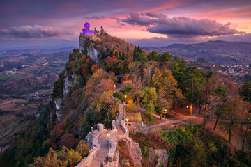San Marino, Republic of San Marino, Italy. Aerial landscape image of San Marino, Italy at beautiful autumn sunset.
