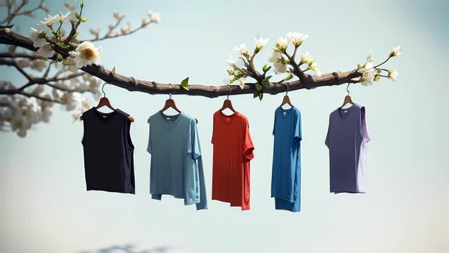 Sustainable footage with natural cotton and linen clothes on wooden blooming rail against blue sky background. Eco friendly shop, reuse the clothes, second hand and eco consuming concept