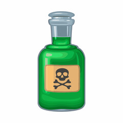 Vintage bottle with toxic. Skull and crossbones on craft label. Vector color icon. Isolated on white background. Hand drawn design element for label, poster, web