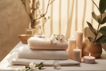 spa wellness setting with white candles and towels