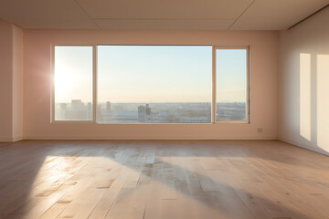 Spacious, empty room with large window. Bright, minimalistic interior. Ideal for various designs or concepts