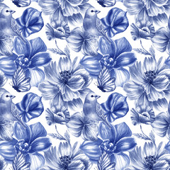 Seamless pattern blue flowers watercolor illustration.