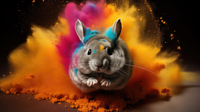 chinchilla in colorful powder paint explosion, dynamic