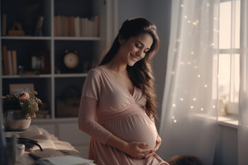 Portrait of a pregnant woman holding her belly and smiling