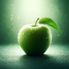 green apple with leave on green background. ai generative