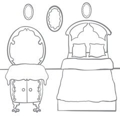 bedroom, bed, pillows, blanket, bedside table with mirror, pictures in the bedroom with photos