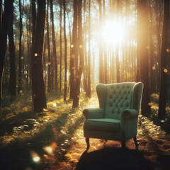Fototapeta na wymiar Green armchair in the middle of the forest, nature bokeh. ai generative