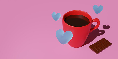Happy Valentine's Day Banner Greeting Card Big Heart Shape and Gift Box 3D Rendering. Coffee to go. Space for text.