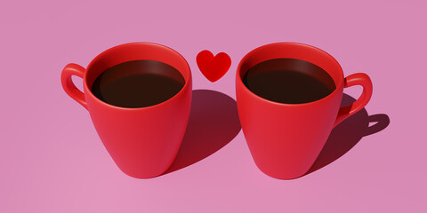 Happy Valentine's Day Banner Greeting Card Big Heart Shape and Gift Box 3D Rendering. Coffee to go.