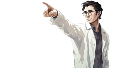 Drawing of an asian doctor with whitecoat and stetoscope in a transparent background pointing to the left