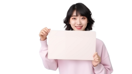 Young japanese woman holding a pink sign in front of her on a white background