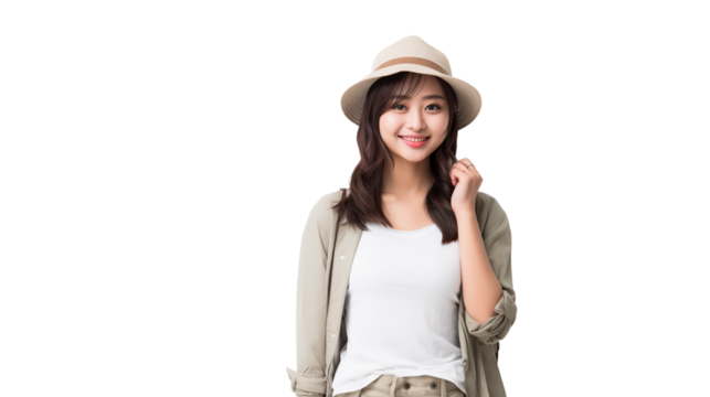 Young japanese woman with a cute smile on her face looking at the camera with her hand raised to her face