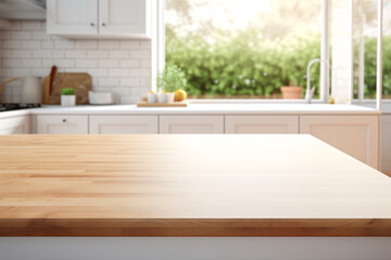 Empty wooden table, and kitchen countertop for product presentation in a well-lit kitchen setting