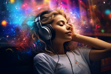 A woman enjoying listening to music with headphones on, neon lights, energetic atmosphere