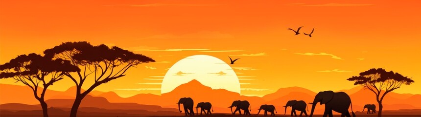 elephants walking in the African desert at sunset. Horizontal banner for worldwide wildlife day