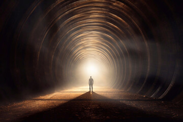 Aloneness. Human silhouette  lighting in tunnel exit. Man walking to the light in the dark tunnel. 