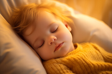 Close-up of a sleeping child’s face. Macro of a kid's lips. Baby cheeks, fingers, nose. Orange and yellow blurred background, sunny range. Yellow cozy sweater. In the style of Peach fuzz.