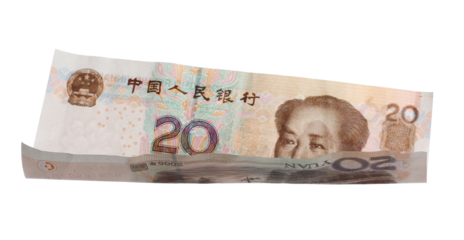 Twenty yuan bill fly, Chinese Renminbi money, rmb isolated on white, clipping path