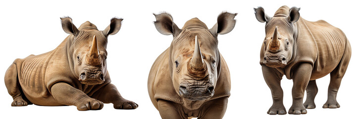 Collection of rhinoceros in different position, isolated on white background - obrazy, fototapety, plakaty