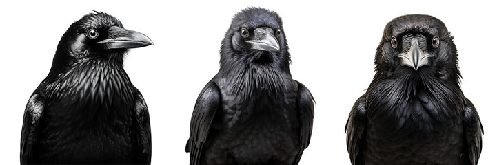 Collection of black raven portraits isolated on white background