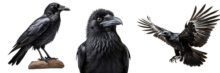 Collection of black ravens isolated on white background
