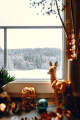 Winter window view with a snowy forest