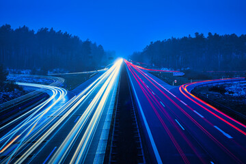 Langzeitbelichtung - Autobahn - Strasse - Traffic - Travel - Background - Line - Ecology - Highway - Long Exposure - Motorway - Night Traffic - Light Trails - Winter - Schnee - Nebel  - A13 - obrazy, fototapety, plakaty