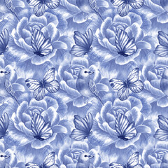 Seamless pattern blue flowers watercolor illustration.