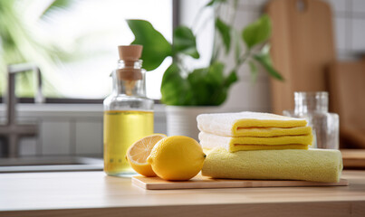 Ecological and natural cleaning products on the table. Cloths, sponges, towels, cleaning products and lemon. Spring cleaning in the home.