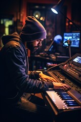 A music producer working with the piano in the studio
