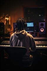 Young music producer with dreadlocks creating a song in the studio