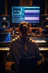 Young music producer girl learning how to produce songs in the studio