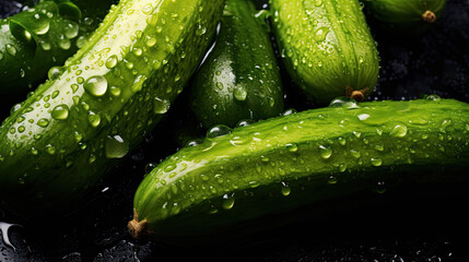 Close-up of wet green cucumbers. Banner concept for grocery store.