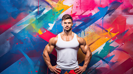 Muscular man on a bright multi-colored background. Gym or fitness trainer advertising banner layout.