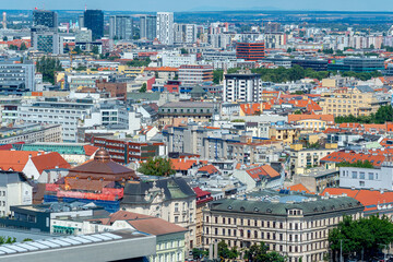 Obraz premium Aerial view of Bratislava city center capital of Slovakia with dense architecture during hot summer day